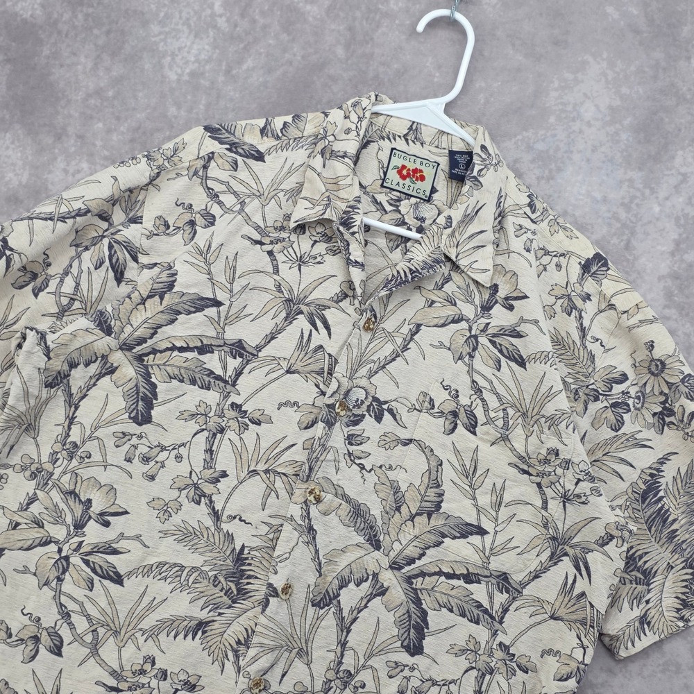 Bugle Boy Classics Silk Blend Tropical Button Up Shirt Mens Large Palm Leaf